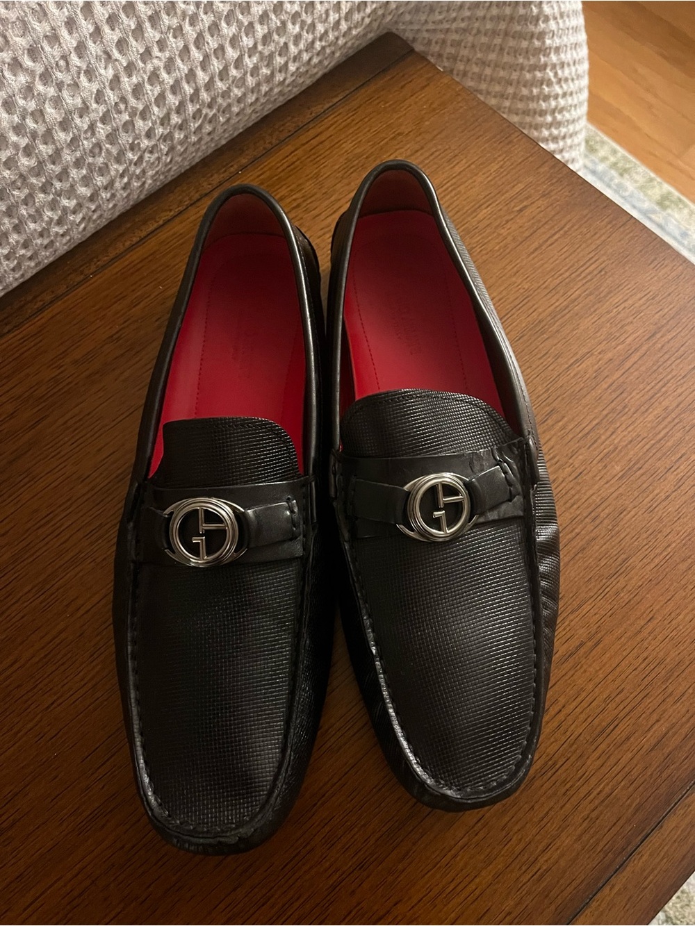 Giorgio Armani Black Leather Loafers with Silver Emblem